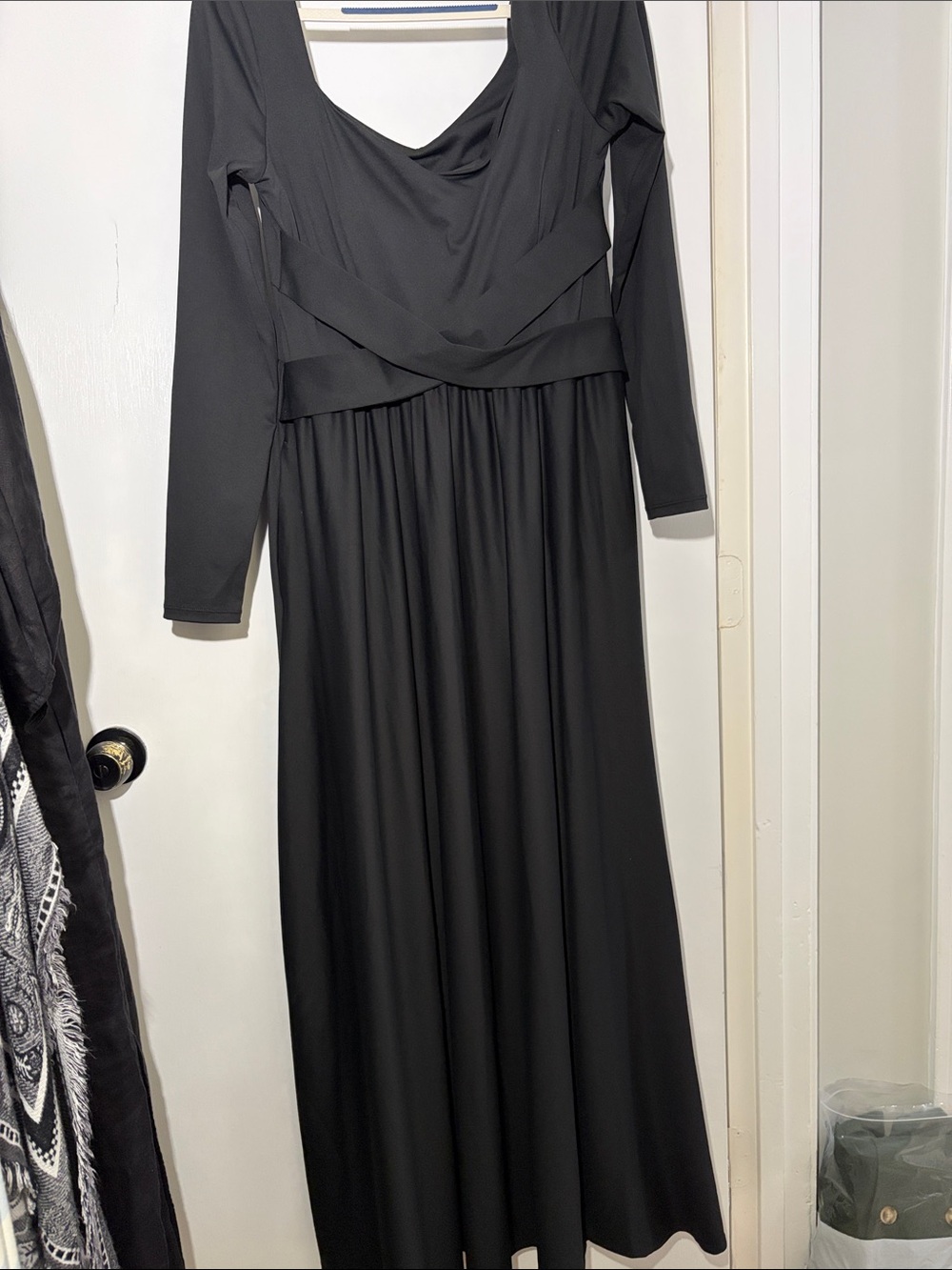 HALARA Black Long Sleeve Maxi Dress with Draped Waistband